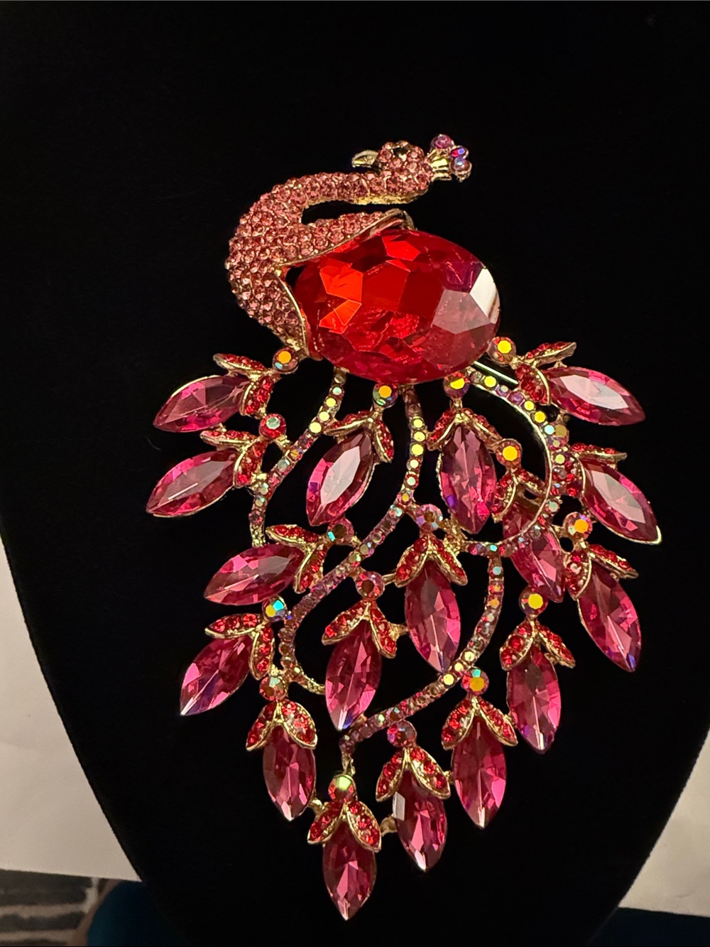 Pink Crystal Peacock Brooch - iridescent Red & Pink Statement occasion brooch
